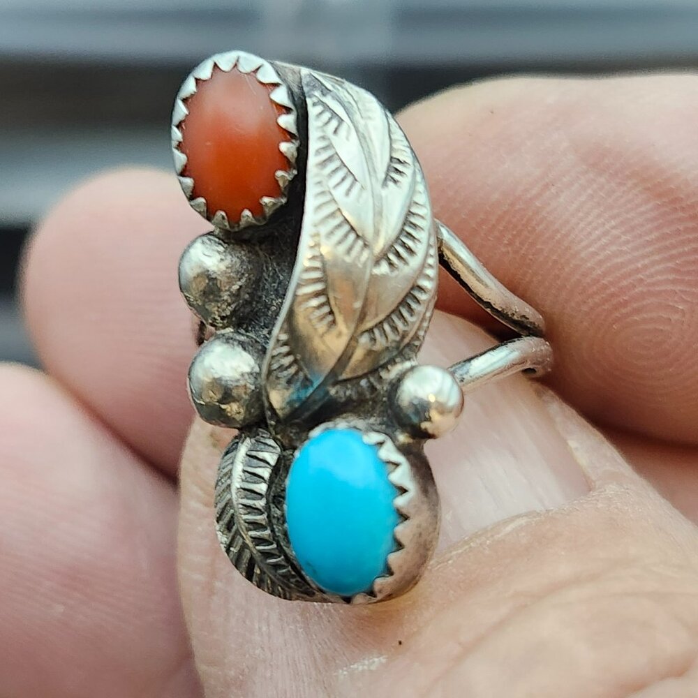 VTG Old Pawn Sterling Silver Turquoise Coral Ring SZ 5.5 Handmade Southwestern